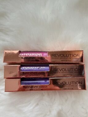 New! Revolution Salvation Velvet Lip Lacquer Trio in Violet Purple bundle